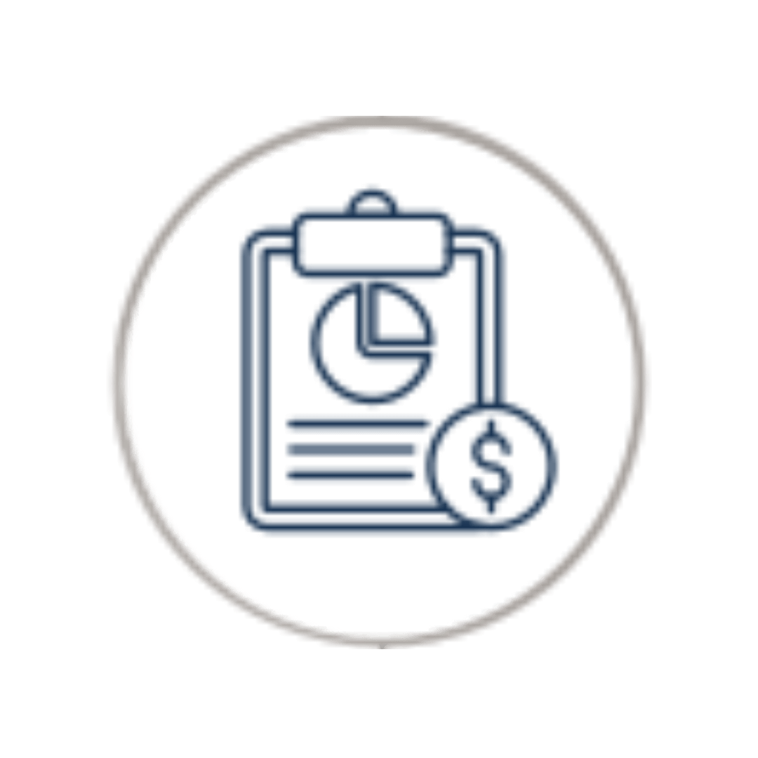 Ícone linear de uma prancheta com gráfico financeiro e símbolo de cifrão, representando o planejamento tributário inteligente e a gestão de compliance fiscal para empresas.